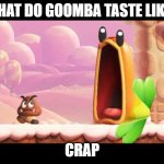 I Wonder What Goombas Taste Like? | WHAT DO GOOMBA TASTE LIKE? CRAP | image tagged in i wonder what goombas taste like | made w/ Imgflip meme maker