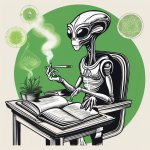 Alien smoking weed while studying