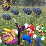 Wario and Friends dies by Wario and Waluigi accidentally throwing rocks at a wasp nest during a rock throwing contest | image tagged in field of flowers,wario dies,wario,waluigi,super mario bros | made w/ Imgflip meme maker