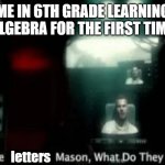 Learning Algebra be like | ME IN 6TH GRADE LEARNING ALGEBRA FOR THE FIRST TIME; letters | image tagged in the numbers mason what do they mean,the letters mason what do they mean | made w/ Imgflip meme maker