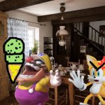 Wario dies by stealing and eating Tails's mint chocolate chip ice cream cone | image tagged in living room,wario dies,sonic the hedgehog,tails the fox,crossover,wario | made w/ Imgflip meme maker