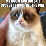 Grumpy Cat | ME WHEN SOMEONE LEAVES MY ROOM AND DOESN'T CLOSE THE DOOR ALL THE WAY: | image tagged in memes,grumpy cat | made w/ Imgflip meme maker