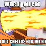 Hot Potato chips | When you eat; FLAMING HOT CHEETOS FOR THE FIRST TIME | image tagged in cat breathing fire,catdog,cheetos,nickelodeon | made w/ Imgflip meme maker