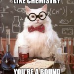 Professor Cat | MEMES ARE LIKE CHEMISTRY; YOU'RE A BOUND TO SEE SOMETHING | image tagged in professor cat,chemistry,funny,funny memes,memes | made w/ Imgflip meme maker