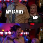 Angela scared Dwight | MY FAMILY; ME | image tagged in angela scared dwight | made w/ Imgflip meme maker