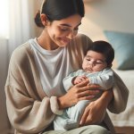 A baby cuddling a caregiver