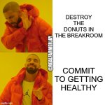 Destroy the Donuts or Get Healthy | DESTROY THE DONUTS IN THE BREAKROOM; @REALFARMERJAY; COMMIT TO GETTING HEALTHY | image tagged in memes,drake hotline bling,healthy | made w/ Imgflip meme maker