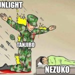 Soldier protecting sleeping child | SUNLIGHT; TANJIRO; NEZUKO | image tagged in soldier protecting sleeping child | made w/ Imgflip meme maker