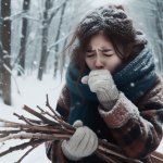 Sick girl gathering sticks in the snow