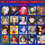 top 20 favorite female characters volume 5 | TOP 20 FAVORITE FEMALE CHARACTERS; VOLUME 5 | image tagged in 20 female characters of all time,anime,video games,cartoons,favorites,top 20 | made w/ Imgflip meme maker