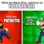 smg4 mario says luigi says | YOUR BROTHER; PATHETIC; THE LAZY BUTT I NEED TO SAVE FROM A PAINTING | image tagged in smg4 mario says luigi says | made w/ Imgflip meme maker