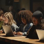 Students in a classroom with technology