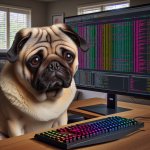 sad pug with computer