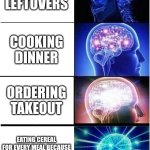 Expanding Brain | EATING LEFTOVERS; COOKING DINNER; ORDERING TAKEOUT; EATING CEREAL FOR EVERY MEAL BECAUSE IT'S BASICALLY A MULTIVITAMIN IN A BOWL | image tagged in memes,expanding brain | made w/ Imgflip meme maker