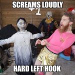 Brandon Farris being crazy | SCREAMS LOUDLY; HARD LEFT HOOK | image tagged in brandon farris | made w/ Imgflip meme maker