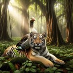 Cute goose sitting on a large, strong tiger in the jungle