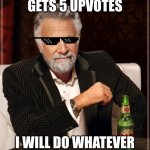 what should I do? | IF THIS GETS 5 UPVOTES; I WILL DO WHATEVER THE TOP COMMENT SAYS | image tagged in memes,the most interesting man in the world | made w/ Imgflip meme maker