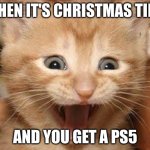 Everyone when they get a PS5 | WHEN IT'S CHRISTMAS TIME; AND YOU GET A PS5 | image tagged in memes,excited cat,ps5,christmas,december,consoles | made w/ Imgflip meme maker