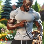 Strong black man holding a puppy on a leach