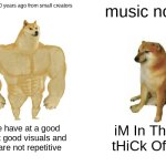 lol | music 10 years ago from small creators; music now; we have at a good beet good visuals and we are not repetitive; iM In ThE tHiCk Of It | image tagged in memes,buff doge vs cheems | made w/ Imgflip meme maker