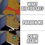 Fancy pooh | WHAT DID YOU SAY? PARDON ME; COME AGAIN | image tagged in fancy pooh | made w/ Imgflip meme maker