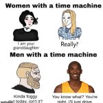 I still miss him :( | You know what? You're right, I'll just drive; Kinda foggy out today, isn't it? | image tagged in men with a time machine,kobe bryant,kobe,time machine,memes,dank memes | made w/ Imgflip meme maker