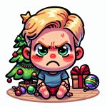 small boy sitting next to the Christmas tree his face red with r