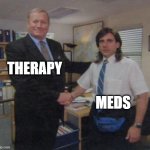 Meds vs Therapy | THERAPY; MEDS | image tagged in young michael scott shaking ed truck's hand | made w/ Imgflip meme maker