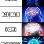 Expanding Brain | WATER; GATORADE; PRIME; COKE/PEPSI | image tagged in memes,expanding brain | made w/ Imgflip meme maker