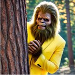 Sasquatch rubbing hands behind tree yellow suit