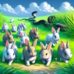 cute baby 8 rabits sitting in grassy land playing and snake behi