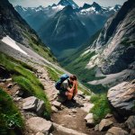 A dramatic, steep mountain trail with a hiker looking exhausted