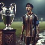 A soccer player in the mud watching the champions league cup tha