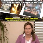 They’re the same thing | "BIG BUTTER JESUS" STATUE STRUCK BY LIGHTNING AND ENGULFED IN FLAMES; TOWN CHRISTMAS TREE BLOWN OVER IN WIND STORM; SIMILARITIES; YEHOVAH; MESSAGE | image tagged in they re the same thing | made w/ Imgflip meme maker