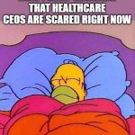 United Healthcare | HOW I SLEEP KNOWING THAT HEALTHCARE CEOS ARE SCARED RIGHT NOW | image tagged in homer simpson sleeping peacefully,united healthcare | made w/ Imgflip meme maker