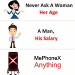 am i right | MePhoneX; Anything | image tagged in never ask a woman her age,inanimate insanity | made w/ Imgflip meme maker