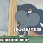 Buff Tom and Jerry Meme Template | 1 VOLUME BAR AT NIGHT; 1 VOLUME BAR DURING THE DAY | image tagged in buff tom and jerry meme template | made w/ Imgflip meme maker