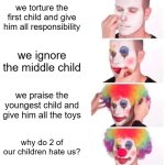 every yt shorts parents | we torture the first child and give him all responsibility; we ignore the middle child; we praise the youngest child and give him all the toys; why do 2 of our children hate us? | image tagged in memes,clown applying makeup,parents,children | made w/ Imgflip meme maker