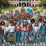 A group of students protesting on campus with signs, while a gro