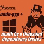 node-gyp_windows | node-gyp +; death by a thousand
dependency issues | image tagged in monopoly chance,software,humor,node,typescript,javascript | made w/ Imgflip meme maker