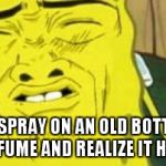 Spongebob Stink  | WHEN YOU SPRAY ON AN OLD BOTTLE OF YOUR FAVORITE PERFUME AND REALIZE IT HAS FERMENTED | image tagged in spongebob stink | made w/ Imgflip meme maker