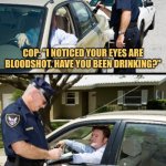 A Thin Blue Line | COP: "I NOTICED YOUR EYES ARE BLOODSHOT. HAVE YOU BEEN DRINKING?"; ME: "AND I NOTICED YOUR EYES ARE GLAZED. HAVE YOU BEEN EATING DONUTS?" | image tagged in pulled over - 2 panels,memes,cops,picture punches,police | made w/ Imgflip meme maker