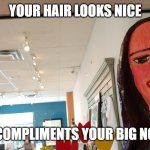 Always with the backhanded compliments from these two... | YOUR HAIR LOOKS NICE; IT COMPLIMENTS YOUR BIG NOSE | image tagged in your snobbish fake friends | made w/ Imgflip meme maker