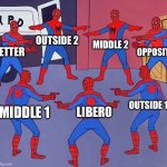 Volleyball rage | MIDDLE 2; OUTSIDE 2; OPPOSITE; SETTER; OUTSIDE 1; LIBERO; MIDDLE 1 | image tagged in same spider man 7,volleyball | made w/ Imgflip meme maker