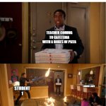 average food fight in school | AVERAGE FOOD FIGHT; TEACHER COMING TO CAFETERIA WITH A BOXES OF PIZZA; LUNCH LADY; STUDENT 1; FOODS; 3 STUDENTS | image tagged in community fire pizza meme,memes | made w/ Imgflip meme maker