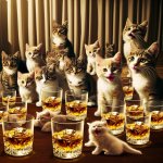 many glasses of whiskey and many cute kittens giggling