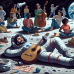 Chill guy relaxing on the moon with all his fellow chill guys