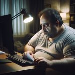 40 year old fat virgin sad sitting at a desktop computer who los