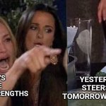 woman yelling at cat | YESTERDAY'S TEARS ARE TOMORROW'S  STRENGTHS; YESTERDAY'S STEERS ARE TOMORROW'S  STEAKS | image tagged in woman yelling at cat,fear,strength,steak | made w/ Imgflip meme maker