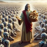 Jesus Christ multiplying bread for a crowd of angry robots